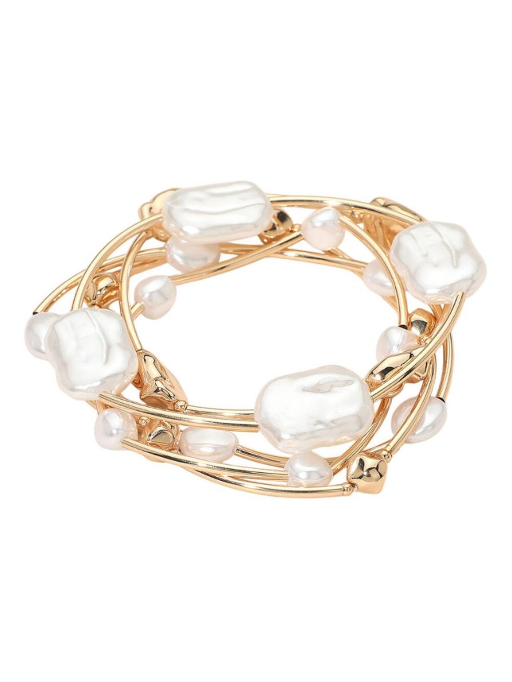 Tigerstars Organic Pearl Metal Pebble Bar Beaded Stretch Layered Bracelets